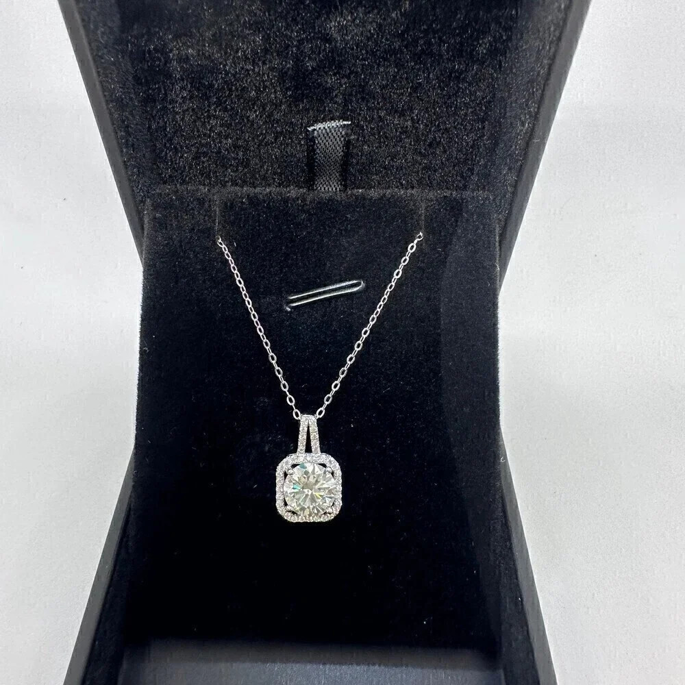 GRA Moissanite Diamond Necklace 2 Ct Pendant Chain Fine Jewelry Halo - Picture 2 of 12